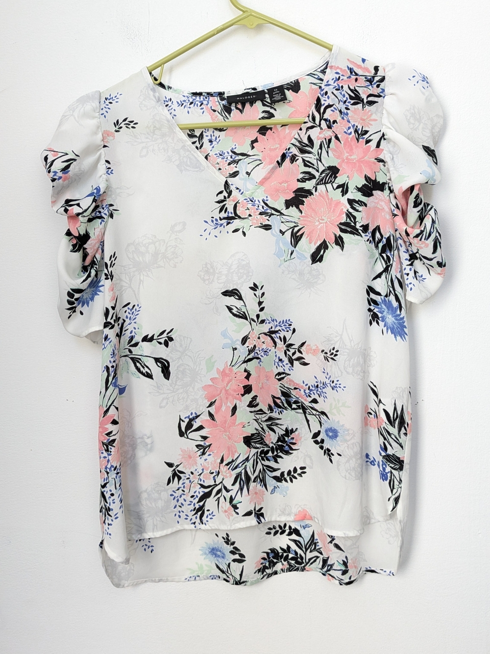 Halogen White Floral V-Neck Puff Sleeve Blouse Women's Petite XS